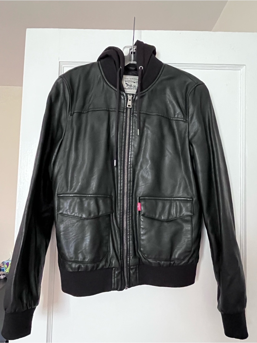 Levi's Black Leather Bomber Jacket with Hood
